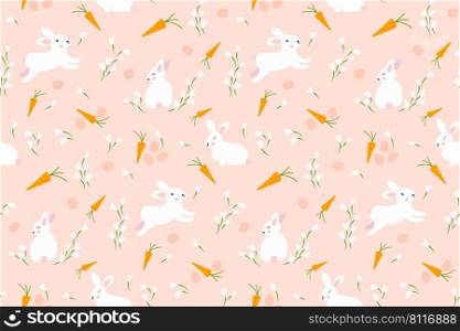 Bunny pattern. Cute Easter bunnies seamless background with carrots, eggs