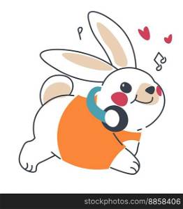 Bunny personage wearing knit sweater and headphones listening to music and enjoying life. Isolated bunny character with tune and heart icons, cheerful muzzle. Smiling hare. Vector in flat style. Rabbit listening music wearing headphones vector