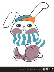 Bunny personage with long ears and cute muzzle wearing knit scarf and a warm hat. Winter season rabbit character with smile on face. Sticker or emoticon, wild small hare. Vector in flat style. Small rabbit wearing knit scarf and hat vector