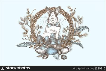 Bunny, pussy willow branches and Easter eggs wreath. Birds Feathers. Engraved vintage style. Greeting card. Line art happy rabbit Decoration design. Holiday folkstyle banner. Vector illustration.. Bunny, pussy willow branches and Easter eggs wreath. Birds Feathers. Engraved vintage style. Greeting card. Line art happy rabbit Decoration design. Holiday folkstyle banner. Vector.