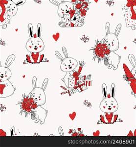 Bunny Seamless Pattern. Cute rabbits with gifts, boxes and carrots, with bouquet of flowers, ballerina hare with princess crown on white background. Vector illustration. Outline linear doodle style
