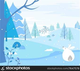 Bunny sitting in winter forest. Cute fluffy hare in woods at snowfall. Pine trees and bushes, wintry foliage and bare branches. Field covered with snow. Rabbit with long ears in woodlands vector. Hare and Winter Landscape, Forest with Pine Trees