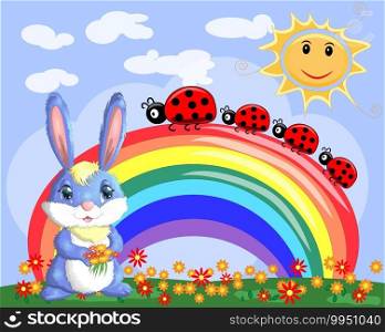 Bunny with a bouquet in a meadow near the rainbow. Spring, love, postcard. Bunny with a bouquet in a meadow near the rainbow. Spring, love