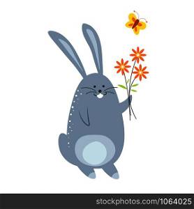 Bunny with bouquet of flowers and flying butterfly vector rabbit smiling and holding blooming plants on hand fly with colorful wings spring season and happy furry animal with long ears small hare. Bunny with bouquet of flowers and flying butterfly