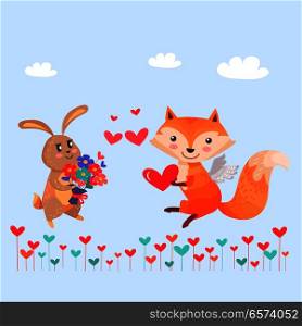 Bunny with bouquet of flowers and fox with angel wings holding red heart in paws on cartoon lawn. Romantic hare wishes you love. Lovely rabbit and sexy vixen with bushy tail. Valentines day vector. Bunny with Bouquet of Flowers and Fox with Wings