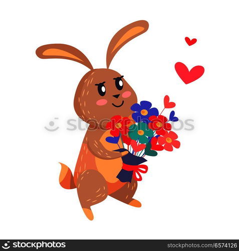 Bunny with bouquet of flowers isolated on white. Romantic hare wishes you love. Lovely rabbit with flowers. Cute cartoon post card design. Valentines day concept vector illustration in flat style. Bunny with Bouquet of Flowers Isolated on White.