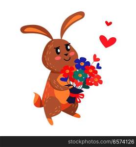 Bunny with bouquet of flowers isolated on white. Romantic hare wishes you love. Lovely rabbit with flowers. Cute cartoon post card design. Valentines day concept vector illustration in flat style. Bunny with Bouquet of Flowers Isolated on White.
