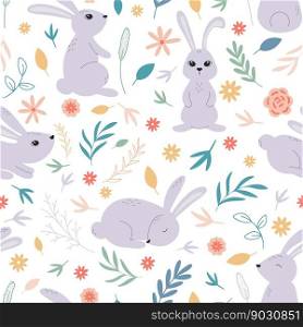 Bunny with flowers and herbs background. Cute baby print with rabbit. Hares, flowers, foliage and herbs seamless pattern. Animals and wild flowers digital paper. Vector illustration. Bunny with flowers and herbs background