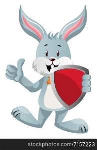 Bunny with red shield, illustration, vector on white background.