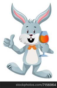 Bunny with wine, illustration, vector on white background.