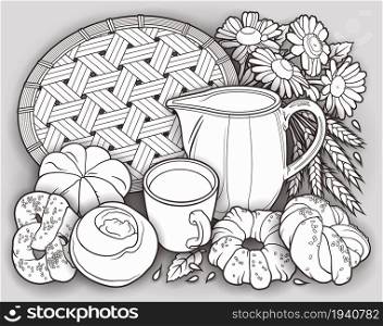 Buns and milk, wicker napkin hand drawn vector doodle illustration. Bakery objects and elements cartoon background. Funny food picture. Buns and milk, wicker napkin hand drawn vector doodle illustration