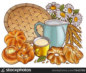 Buns and milk, wicker napkin hand drawn vector doodle illustration. Bakery objects and elements cartoon background. Funny food picture. Buns and milk, wicker napkin hand drawn vector doodle illustration