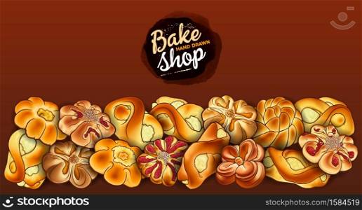 Buns and pastries hand drawn vector doodle colorful illustration. Bakery objects and elements cartoon horizontal background.. Buns and pastries hand drawn vector doodle colorful illustration.