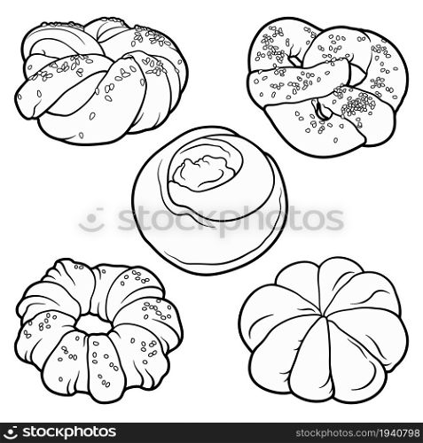 Buns hand drawn vector doodles set. Bake shop elements and objects cartoon illustration. Funny bakery picture. Buns hand drawn vector doodles set.