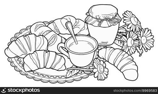 Buns honey and tea hand drawn vector doodle illustration. Bakery objects and elements cartoon background. Funny food picture. Buns honey and tea hand drawn vector doodle illustration.