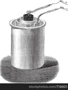 Bunsen cell also known as battery, vintage engraved illustration of Bunsen cell isolated against a white background.