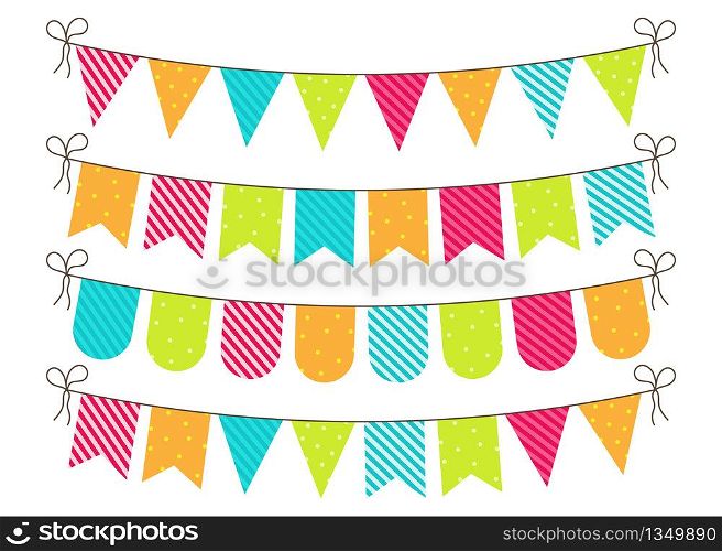 Bunting for party, birthday, carnival and event. Bright banners and flags of decoration. Hanging string, triangles, garland for fun. Blue, green, pink, orange colors. Celebration anniversary. Vector.. Bunting for party, birthday, carnival and event. Bright banners and flags of decoration. Hanging string, triangles, garland for fun. Blue, green, pink, orange colors. Celebration anniversary. Vector