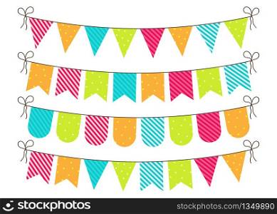 Bunting for party, birthday, carnival and event. Bright banners and flags of decoration. Hanging string, triangles, garland for fun. Blue, green, pink, orange colors. Celebration anniversary. Vector.. Bunting for party, birthday, carnival and event. Bright banners and flags of decoration. Hanging string, triangles, garland for fun. Blue, green, pink, orange colors. Celebration anniversary. Vector