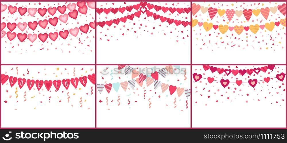 Bunting love hearts. Love garland, valentine party decoration heart flags with color confetti. Wedding celebration bunting, hearts flag banner. Cartoon isolated vector set. Bunting love hearts. Love garland, valentine party decoration heart flags with color confetti vector set