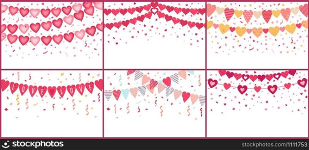 Bunting love hearts. Love garland, valentine party decoration heart flags with color confetti. Wedding celebration bunting, hearts flag banner. Cartoon isolated vector set. Bunting love hearts. Love garland, valentine party decoration heart flags with color confetti vector set