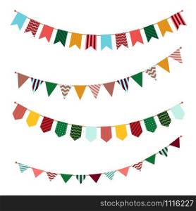 Bunting set. Party flags garland with ornament decor on streamers for festival event or celebrating of birthdays vector holiday banners. Bunting set. Party flags garland with ornament decor on streamers for festival event or celebrating of birthdays vector banners