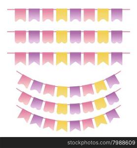 Bunting set pastel violet, yellow and pink colors. Can be used for scrapbook, greeting cards, baby shower and web design. Vintage flags design elements. Vector illustration.