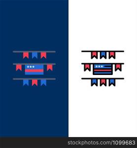 Buntings, Party Decoration, American Icons. Flat and Line Filled Icon Set Vector Blue Background
