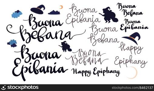 Buona Befana Happy Epifania greeting card template set with handwritten lettering, old witch flying on a broom in the night to bring presents. Vector illustration. Phrase translation: Happy Epiphany. Buona Befana Happy Epifania greeting card template