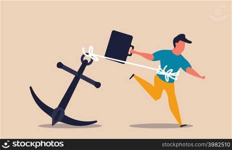 Burden anchor and held career prison. Freedom problem and oppression person vector illustration concept. Enslaved man and suppress business invest. Tether anchored and burdened distress. Debt weight