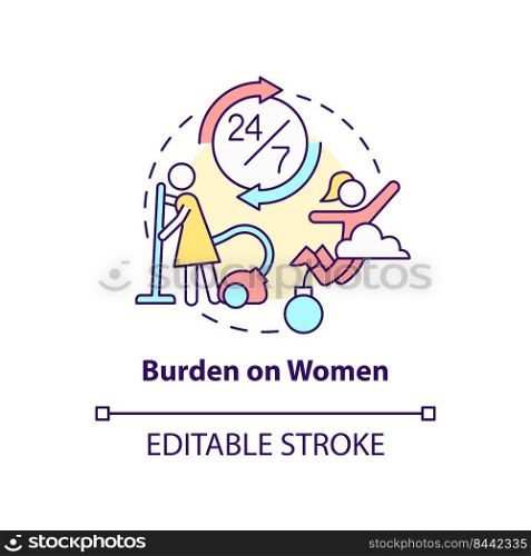 Burden on women concept icon. Increase responsibility. Social effect of overcrowding abstract idea thin line illustration. Isolated outline drawing. Editable stroke. Arial, Myriad Pro-Bold fonts used. Burden on women concept icon