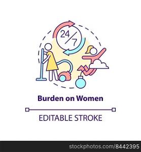Burden on women concept icon. Increase responsibility. Social effect of overcrowding abstract idea thin line illustration. Isolated outline drawing. Editable stroke. Arial, Myriad Pro-Bold fonts used. Burden on women concept icon