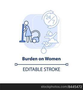 Burden on women light blue concept icon. Responsibility. Overcrowding social effect abstract idea thin line illustration. Isolated outline drawing. Editable stroke. Arial, Myriad Pro-Bold fonts used. Burden on women light blue concept icon
