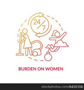 Burden on women red gradient concept icon. Increase responsibility. Social effect of overcrowding abstract idea thin line illustration. Isolated outline drawing. Myriad Pro-Bold fonts used. Burden on women red gradient concept icon
