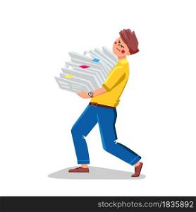 Bureaucracy Paperwork Of Busy Businessman Vector. Business Man Carrying Pile Of Documentation Paper And Doing Bureaucracy Job. Character Administration Job Flat Cartoon Illustration. Bureaucracy Paperwork Of Busy Businessman Vector