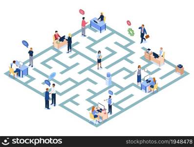 Bureaucratic maze. Square labyrinth with working government officials. Bureaucracy paperwork riddle. Administrative barriers and problems. People searching way out of puzzle deadlocks. Vector concept. Bureaucratic maze. Labyrinth with working government officials. Bureaucracy paperwork riddle. Administrative barriers and problems. People searching way out of deadlocks. Vector concept