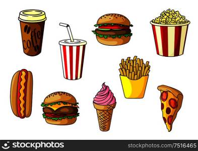 Burger and cheeseburger with vegetables, french fries, pizza, takeaway popcorn bucket and paper cups of coffee and soda, strawberry ice cream cone. Fast food objects for cafe or restaurant menu design. Fast food snacks, desserts and drinks