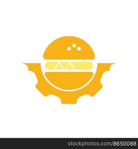 Burger and gear icon vector logo. Fast food restaurant logo concept.	