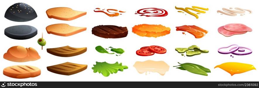 Burger and sandwich constructor with buns, beef and chicken patty, bread, cheese, vegetable slices and sauces. Vector cartoon set of fastfood ingredients, tomato, lettuce, onion, ham and salmon. Burger and sandwich constructor with ingredients