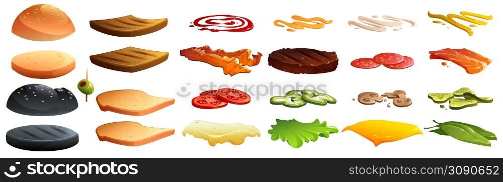 Burger and sandwich constructor with buns, bread toasts, cheese, vegetable slices, meat and sauces. Vector cartoon set of hamburger ingredients, tomato, bacon, salad, grilled cutlet and salmon. Burger and sandwich constructor with ingredients