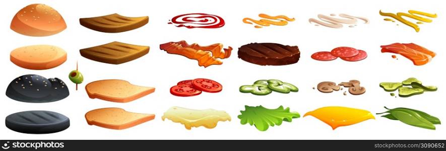 Burger and sandwich constructor with buns, bread toasts, cheese, vegetable slices, meat and sauces. Vector cartoon set of hamburger ingredients, tomato, bacon, salad, grilled cutlet and salmon. Burger and sandwich constructor with ingredients