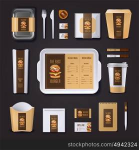 Burger Bar Corporate Identity. Burger bar corporate identity of packaging stationery and business cards on black background isolated vector illustration
