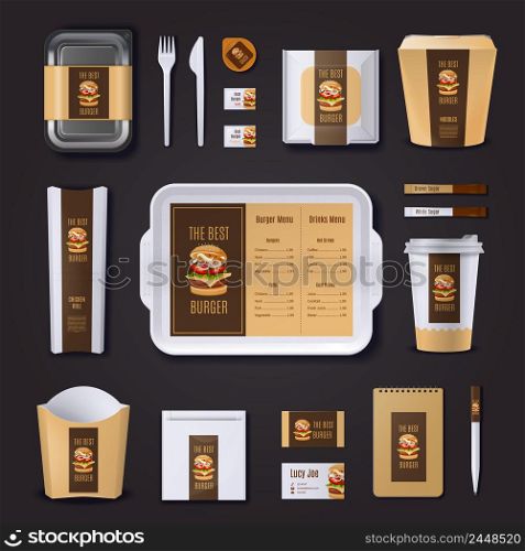 Burger bar corporate identity of packaging stationery and business cards on black background isolated vector illustration . Burger Bar Corporate Identity