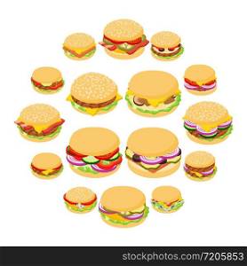 Burger classic icons set. Isometric illustration of 16 burger classic vector icons for web. Burger classic icons set, isometric style