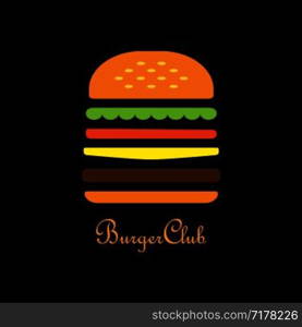 Burger club logo. Burger in flat design on black background. Logo Burger club. Eps10. Burger club logo. Burger in flat design on black background. Logo Burger club