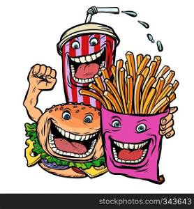 Burger Cola drink fries potatoes. fast food characters friends lunch. Comic cartoon pop art retro vector illustration hand drawing. Burger Cola drink fries potatoes. fast food characters friends lunch