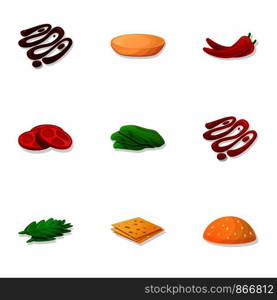 Burger component icon set. Cartoon set of 9 burger component vector icons for web design isolated on white background. Burger component icon set, cartoon style
