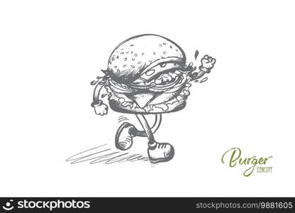 Burger concept. Hand drawn burger is running. Unhealthy food with meat, cheese, salad, bun isolated vector illustration.. Burger concept. Hand drawn isolated vector.