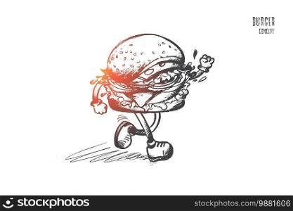 Burger concept. Hand drawn burger is running. Unhealthy food with meat, cheese, salad, bun isolated vector illustration.. Burger concept. Hand drawn isolated vector.