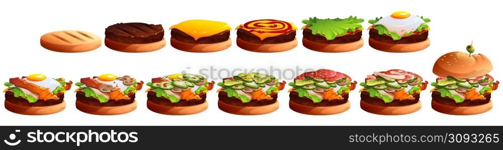 Burger cooking stages. Hamburger layers with bun, beef patty, cheese, egg and vegetable slices. Vector cartoon set of steps of making fastfood with bacon, tomato, sauces and lettuce. Burger cooking stages. Hamburger layers
