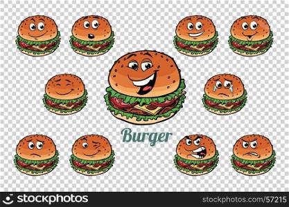 Burger fast food emotions characters collection set. Isolated neutral background. Retro comic book style cartoon pop art vector illustration. Burger fast food emotions characters collection set